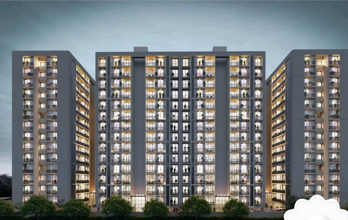 Architectural render of the Oyster Heights residential towers at dusk