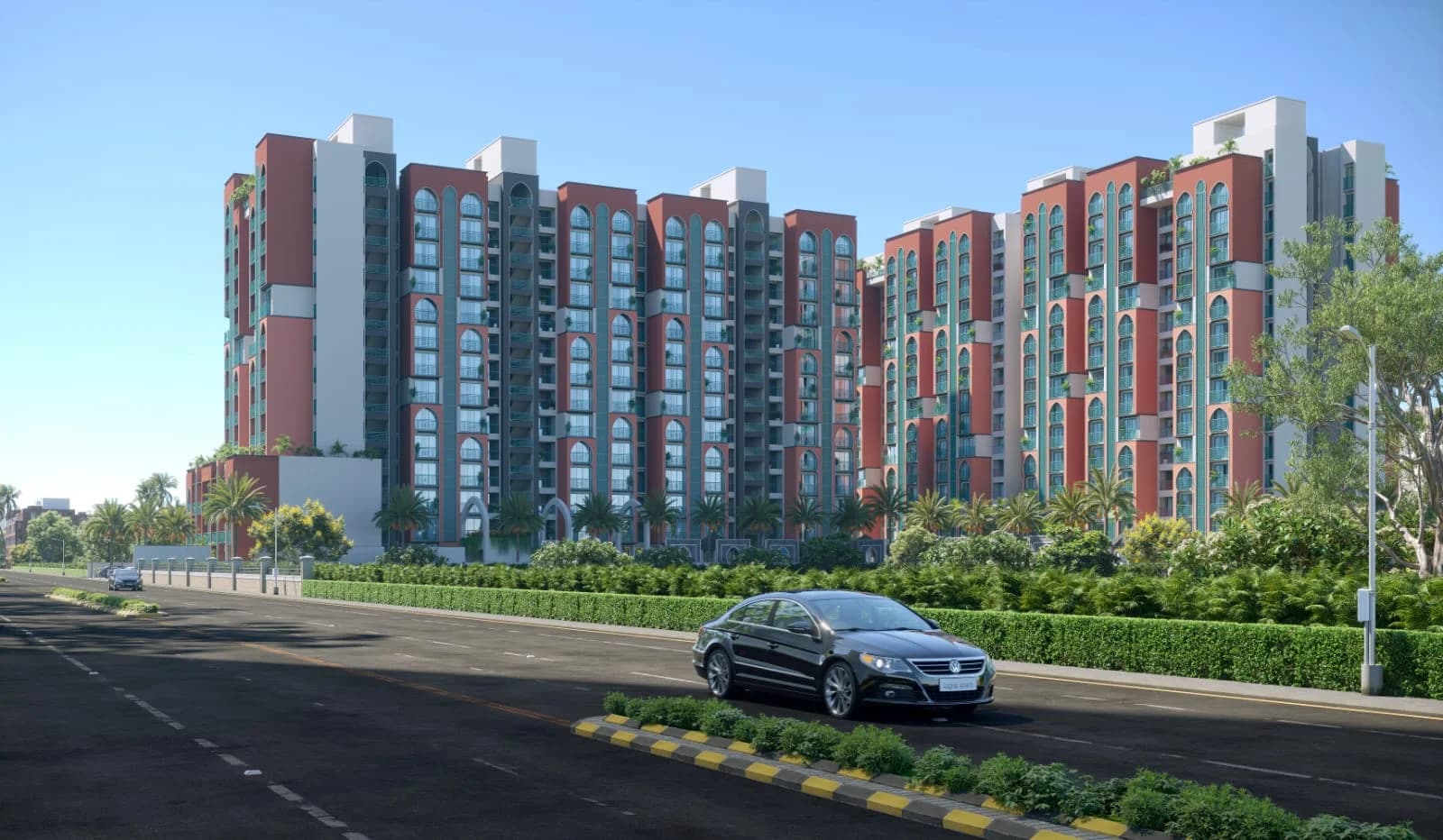 Architectural render of the Palm Jumeirah residential towers with arched red facades